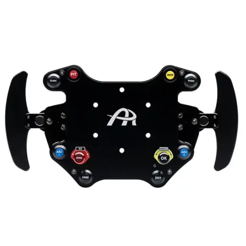 Ascher Racing B16L USB Button Box front view. The product is black with red and blue buttons. The background is white