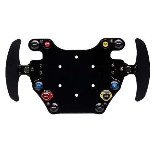 front on shot of a black Ascher Racing B16M USB Button Box. Showing the coloured buttons with a white background