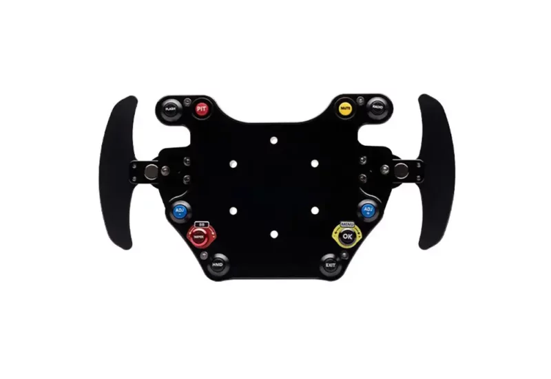 front on shot of a black Ascher Racing B16M USB Button Box. Showing the coloured buttons with a white background