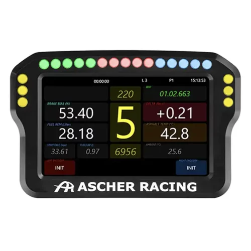 Ascher Racing Dashboard 5 Inch designed for sim racing. Front view of the led's lit across the top photographed on a white background