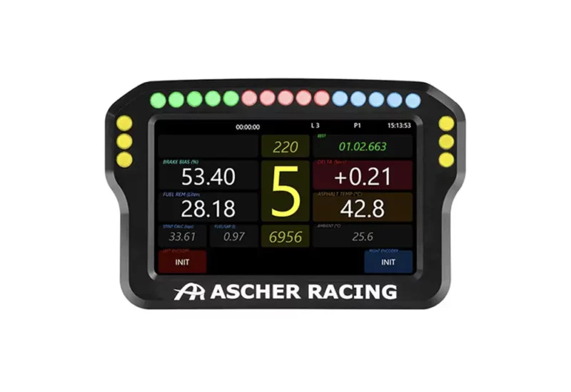 Ascher Racing Dashboard 5 Inch designed for sim racing. Front view of the led's lit across the top photographed on a white background