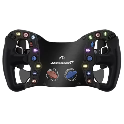 Ascher Racing McLaren Artura Pro SC Sim Wheel developed in partnership with Renvale. Photographed with the buttons lit on a black gt steering wheel against a white background