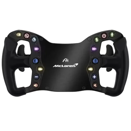 Designed in collaboration with Renvale the Ascher Racing McLaren Artura sport wheel is a game changer not to be missed. Render of a black McLaren sim racing wheel with lit buttons against a white background