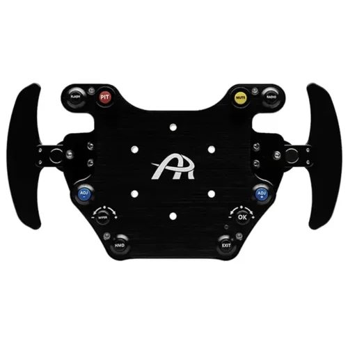 Front view of the highly engineered black steering wheel plate against a white background. The Asher Racing B24M SC Button Box Steering Wheel Plate