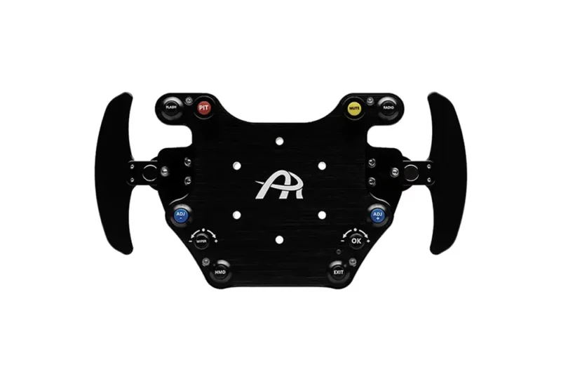 Front view of the highly engineered black steering wheel plate against a white background. The Asher Racing B24M SC Button Box Steering Wheel Plate