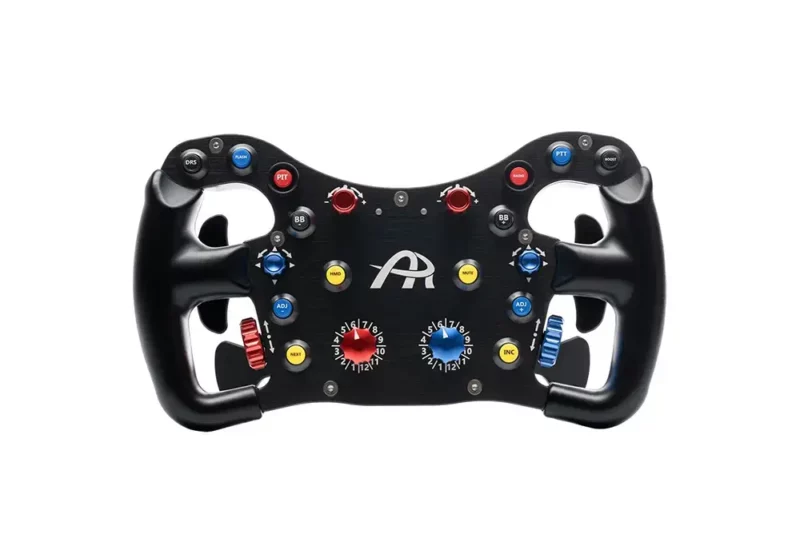 Asher Racing F64 USB V3 Wired Sim Wheel. Front view photographed on a white background showing the detail of the brightly coloured buttons on the black sim racing wheel