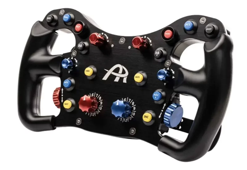 Side view of black Ascher racing sim wheel photographed on a white background