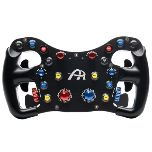 Front shot of the black Ascher Racing F64 SC V3 Wireless Sim Wheel photographed on a white background