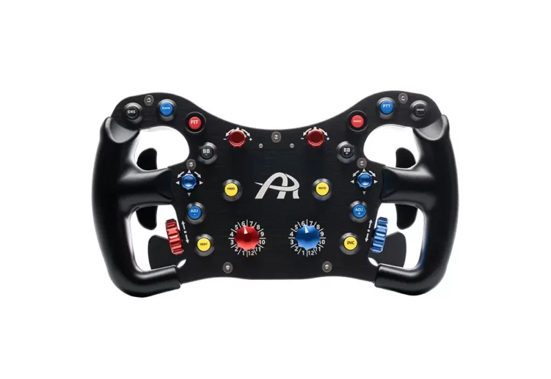 Front shot of the black Ascher Racing F64 SC V3 Wireless Sim Wheel photographed on a white background