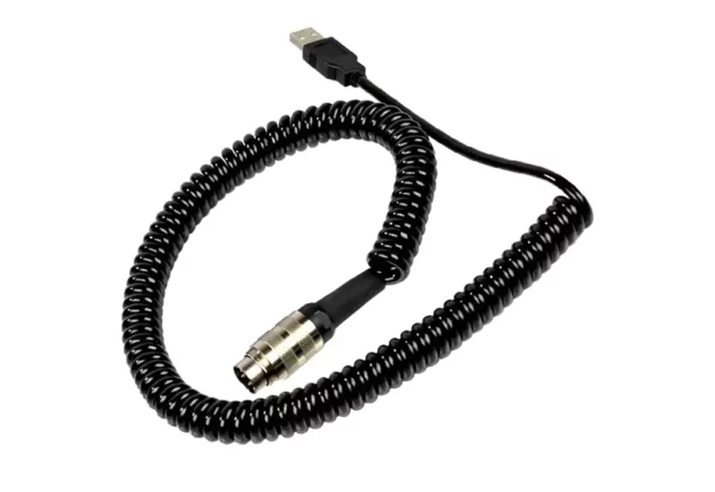 Ascher Racing USB Coiled Cable for sim racing products specifically Ascher Racing steering wheels. Black coiled cable photographed on a white background