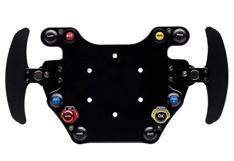 Picture of an Ascher Racing B16M button box plate. It is photographed front on and you can see the gear shift paddles and coloured dials and buttons. The background is white