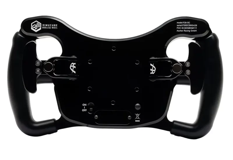 Rear shot of the stunning build quality and paddles on the Asher Racing F28 SC Sim Wheel