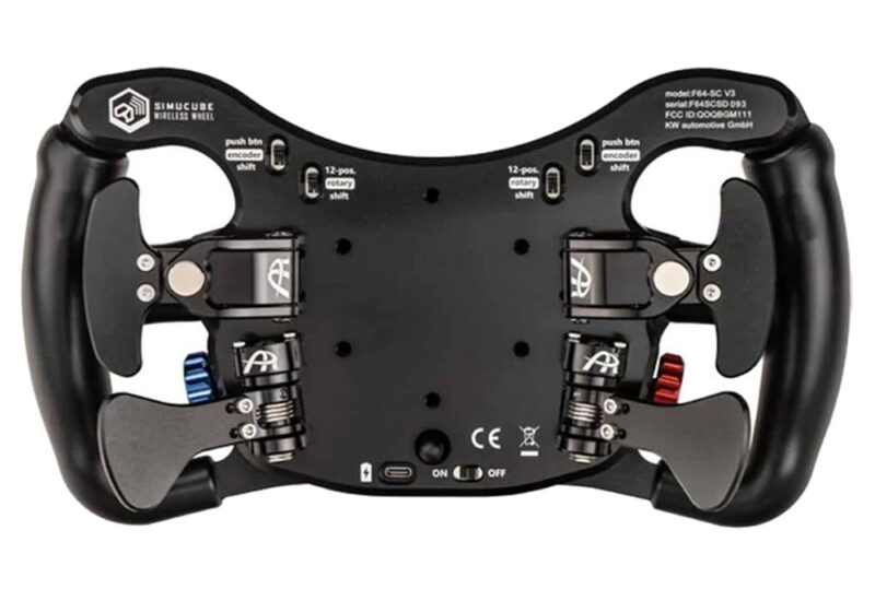 Rear view of the Ascher Racing F64 SC V3 Wireless Sim Wheel. Anodised black aluminium showing the craftsmanship and engineering of the shifters. Photographed on a white background