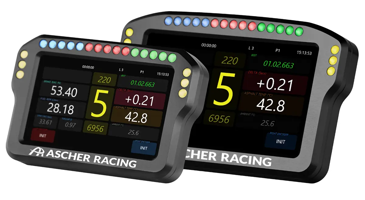 Two Ascher Racing dashboards, both photographed together with LED's lit and telemetry data showing on a white background. 