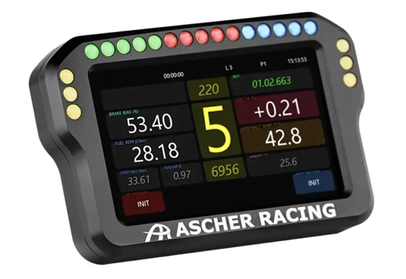 Three quarter front shot of the Ascher Racing Dashboard 5 Inch version for sim racing. Photographed with buttons illuminated and telemetry info showing on a white background