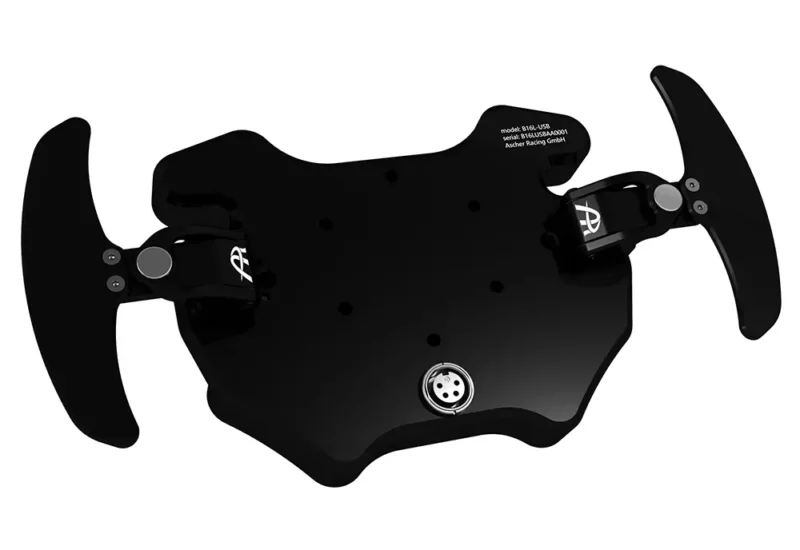 Three quarter rear view of the Asher Racing B16L USB Button Box Steering Wheel Plate showing paddle shifters and quality