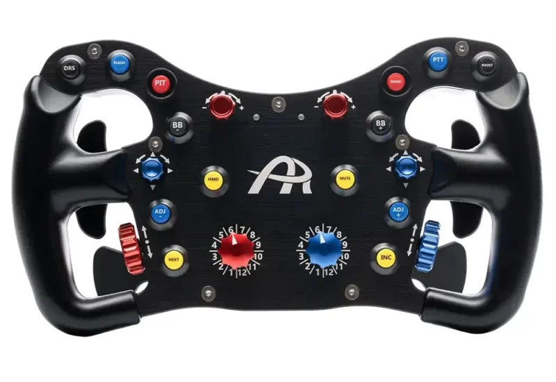 close up showing the detail on the Asher Racing F64 USB V3 Wired Sim Wheel