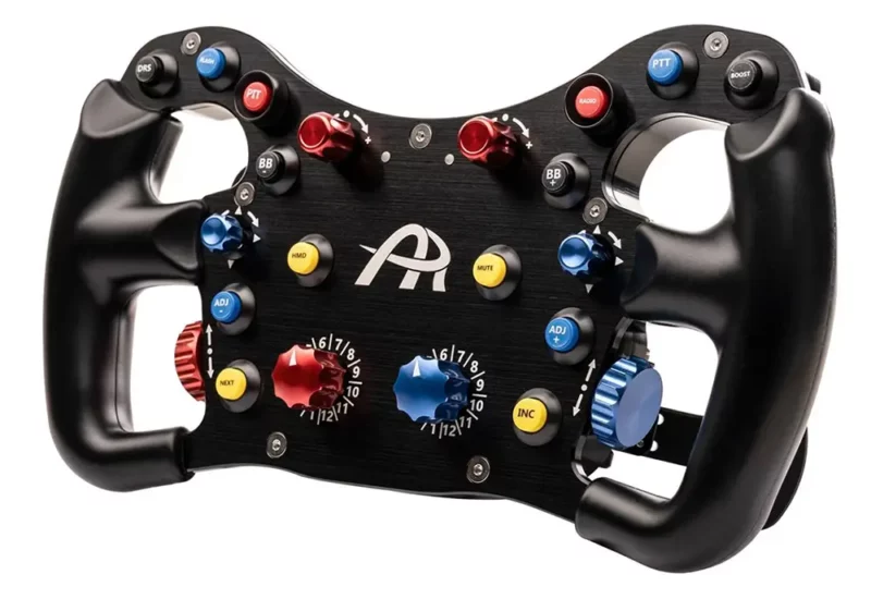 slightly side on shot showing the grip technology on the Ascher Racing F64 SC V3 Wireless Sim Wheel. The ergonomic grips have been developed over years. The wheel is black with brightly coloured buttons and photographed on a white background