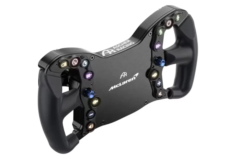 Front photo of a black mclaren Artura sport sim racing wheel showing a mclaren logo with lit up buttons and dials on a white background