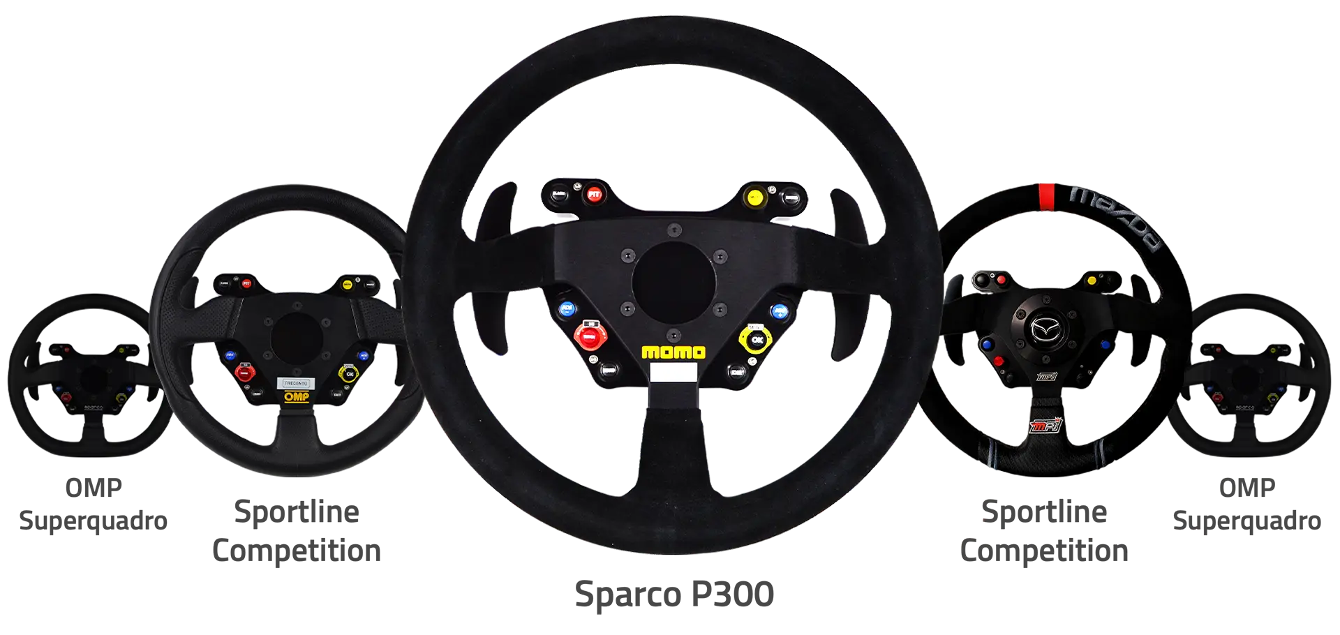 Diagram of 5 motorsport steering wheels. They are black against a white background