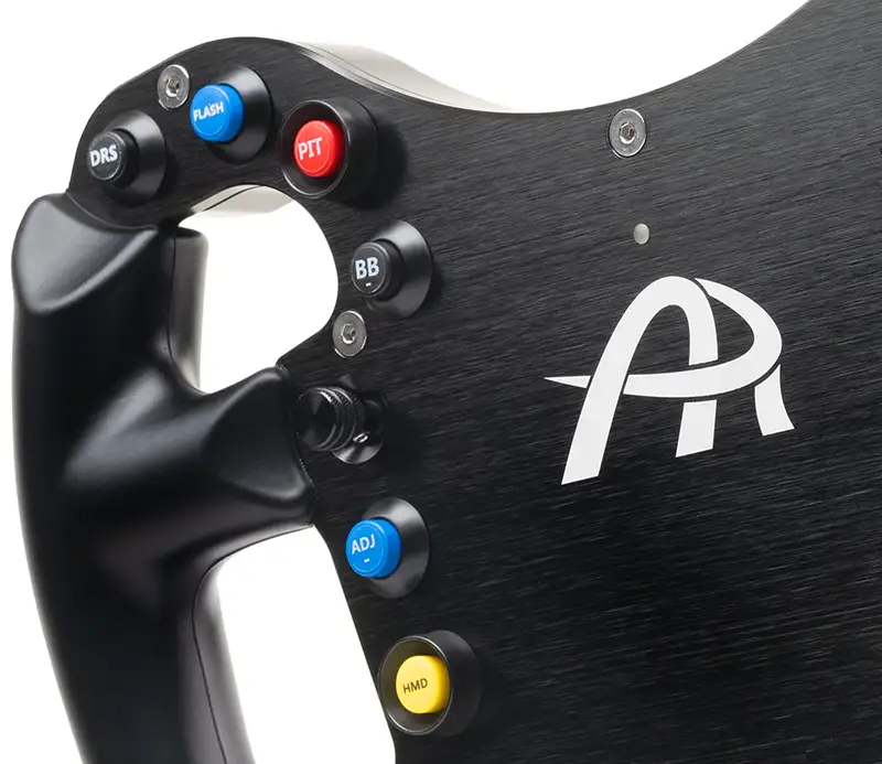 Ascher Racing F28 V2 sim racing steering wheel, close up shot showing the coloured controls and grips. Black with an AR logo in white, photographed on a white background