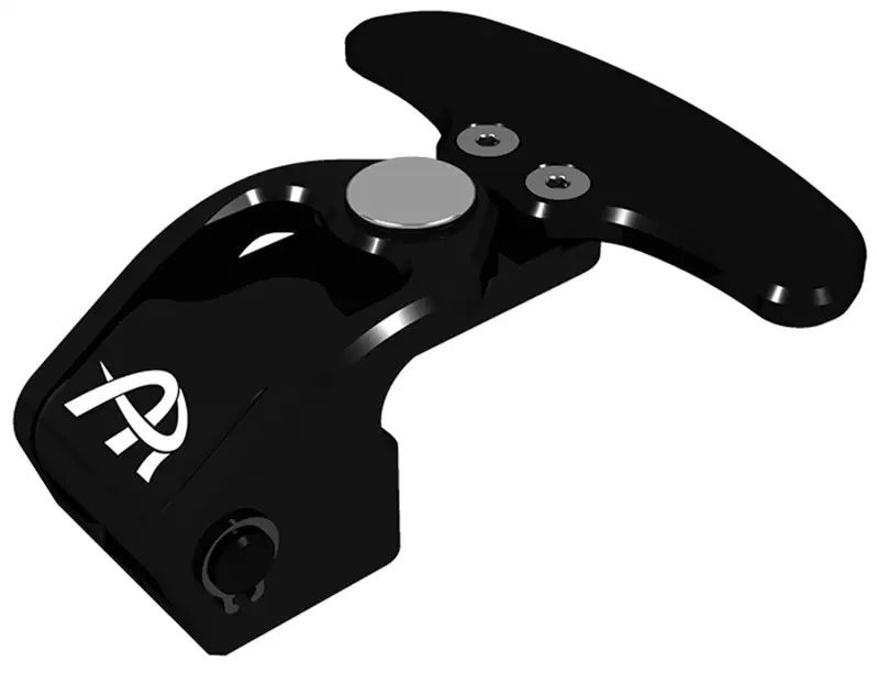Cut out shot of a black sim racing gear shifter on a white background made by ascher racing