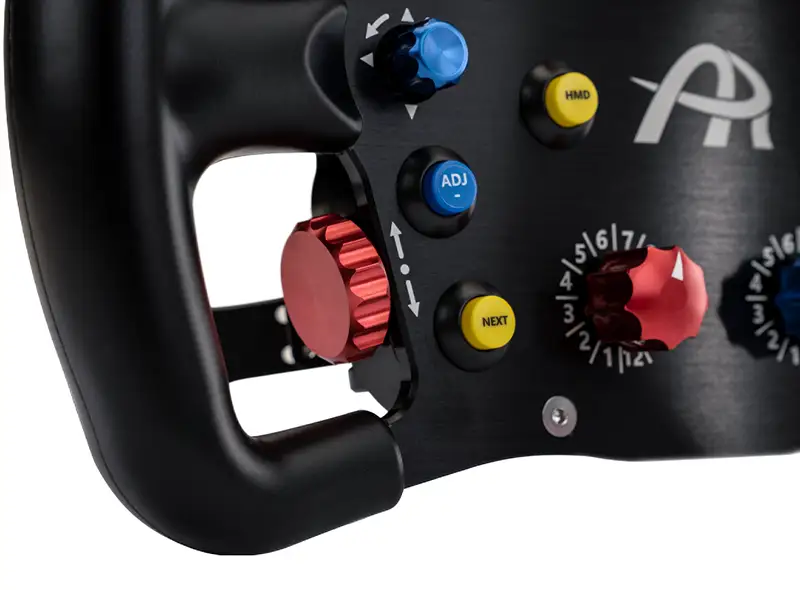 Close up shot of the black anodized Ascher Racing F64 V3 sim steering wheel, showing the coloured buttons and dials. Photo on a white background