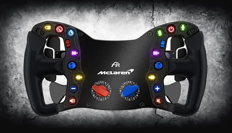 Front shot of a black sim racing wheel with lots of brightly coloured dials and brightly lit coloured buttons. It is against a dark moody marble effect background. The Ascher McLaren Artura Pro boasts 14 RGB-illuminated buttons, configurable to your preferences