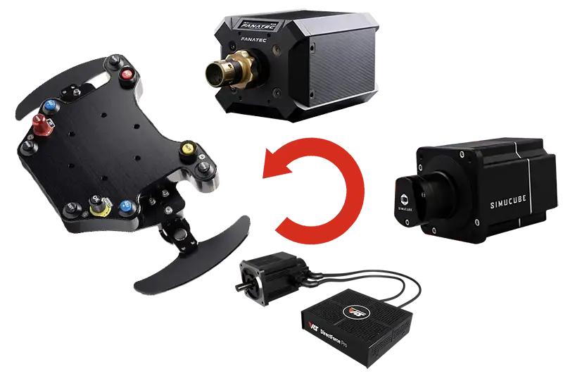 Diagram showing black sim racing products. There is a black wheel with coloured buttons with 3 other black products next to it. There is also a red circular arrow in the middle of the picture