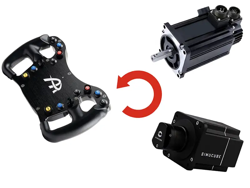 Ascher-Racing-F28-SC-V2 sim racing wheel diagram showing which products it will work with. The products are black and on a white background. There is a red circular arrow in the middle of the picture