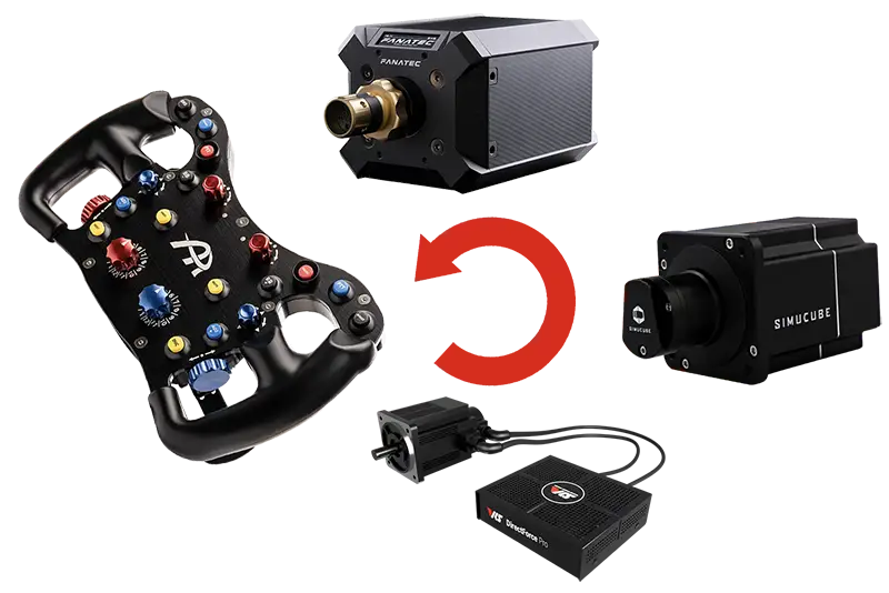 The Ascher Racing F64 V3 Sim wheel diagram showing all the accessories it can be configured with. The wheel is black with brightly coloured switches, the other items are black boxes. There is a red circular arrow in the middle of the diagram to try and show the compatibility.