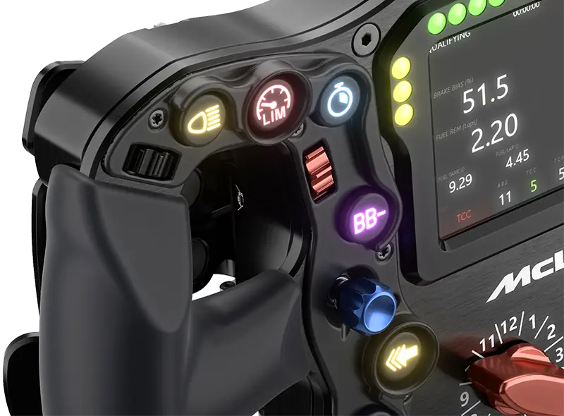 The Ascher Racing McLaren Artura Ultimate is again cropped, but you can see the amazing detail of the screen and lights. Including some of the buttons and the red switchable dial for traction control. The wheel is black and the background is transparent.