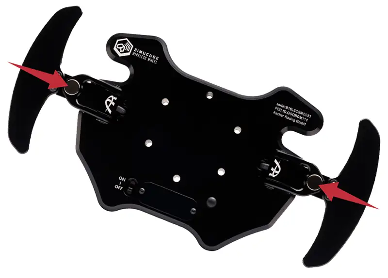 Rear picture of a black Ascher Racing sim button plate with red arrows pointing to the paddle shifters. Photographed on a white background