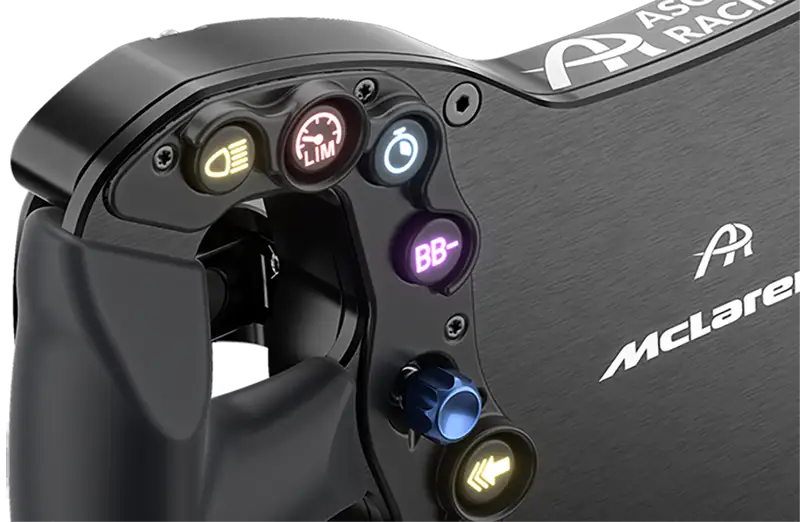Ascher Racing Artura Sport Sim wheel. Cropped photo showing a blue dial and brightly coloured backlit buttons. It is a black steering wheel showing Telemetry-based lighting